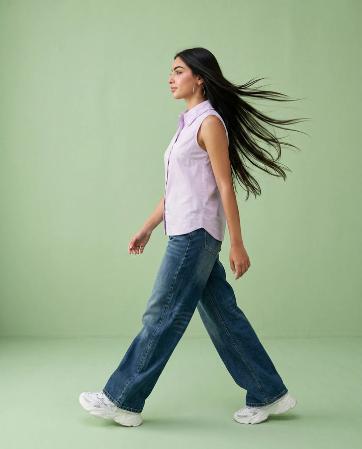 Lavender Solid Cotton Satin Sleeveless Top