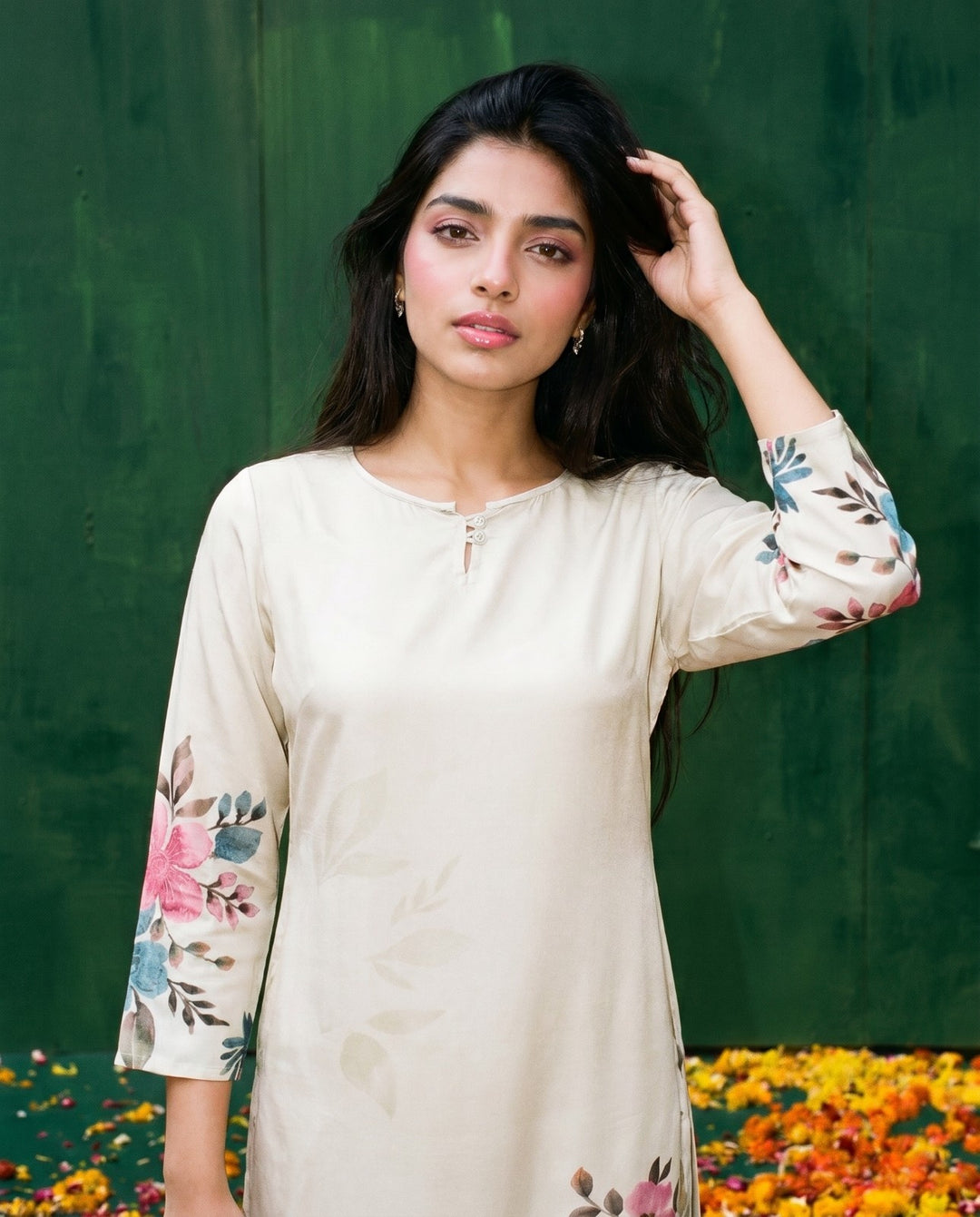 Multi Colour Printed Crepe Silk Straight cut Long Kurta
