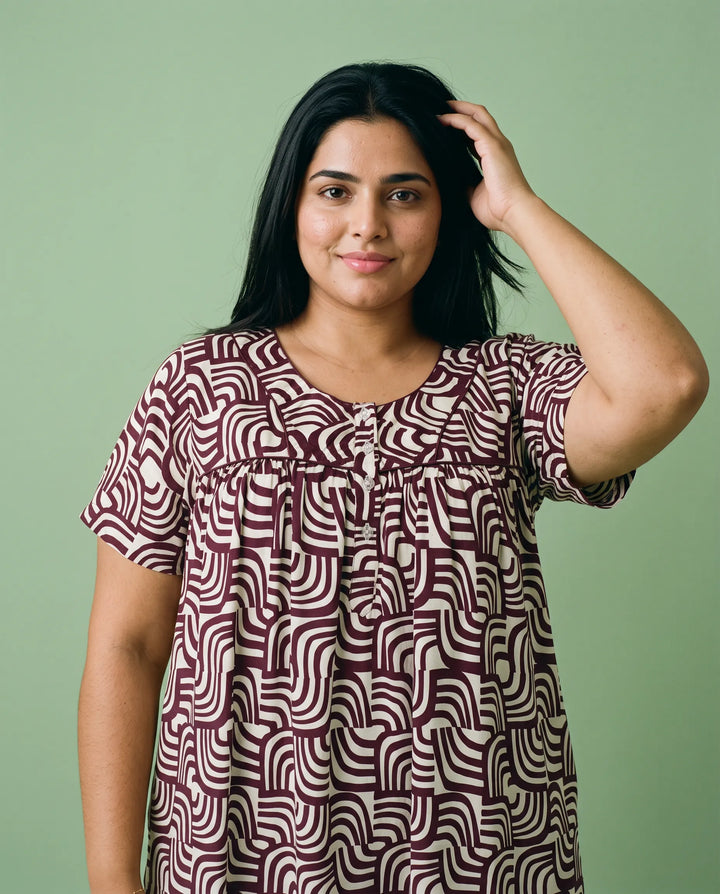 Maroon Printed Super Soft Rayon Night Dress / Home Wear