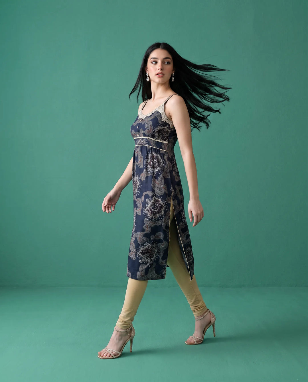 Navy Printed Viscose Blended Spaghetti Strap Straight Cut Long Kurta
