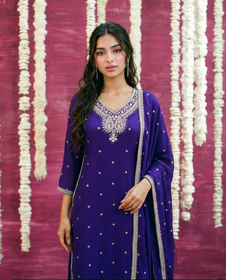 Purple Embriodered Silk Blended Kurta Bottom Dupatta Set