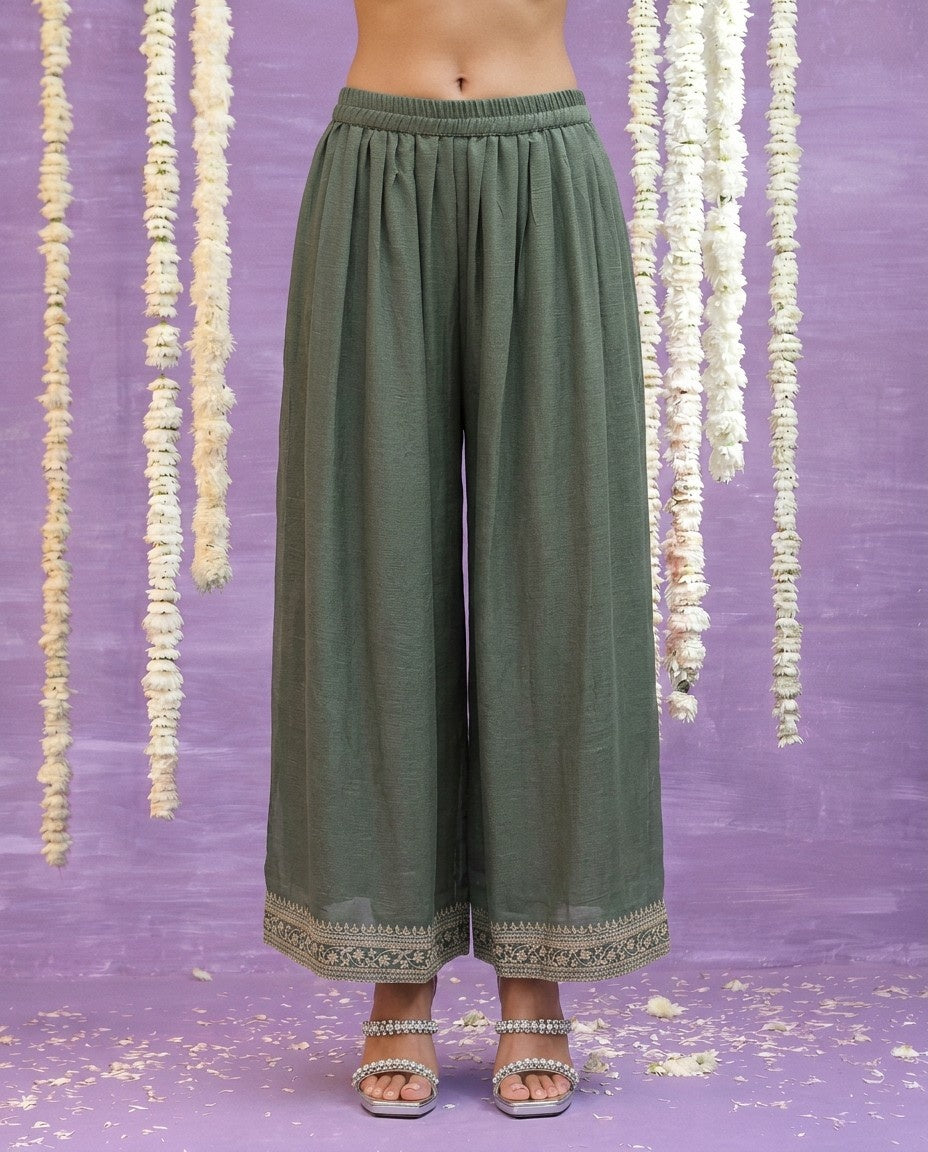 Olive Embriodered Silk Blended Kurta Bottom Dupatta Set