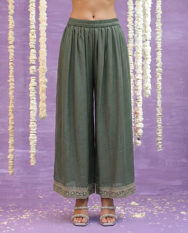 Olive Embriodered Silk Blended Kurta Bottom Dupatta Set