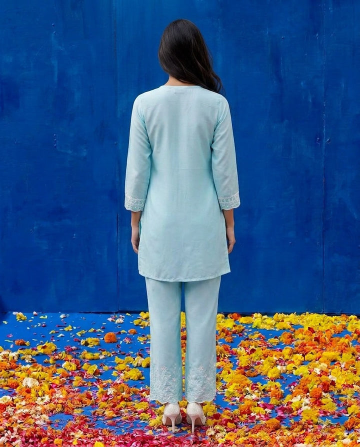 Sky Blue Embriodered Cotton Satin Co-Ord Set