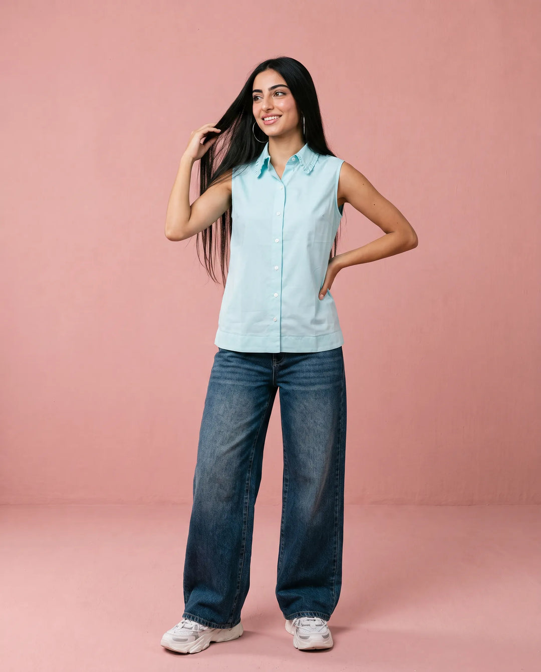 Sky Blue Solid Cotton Satin Sleeveless Top