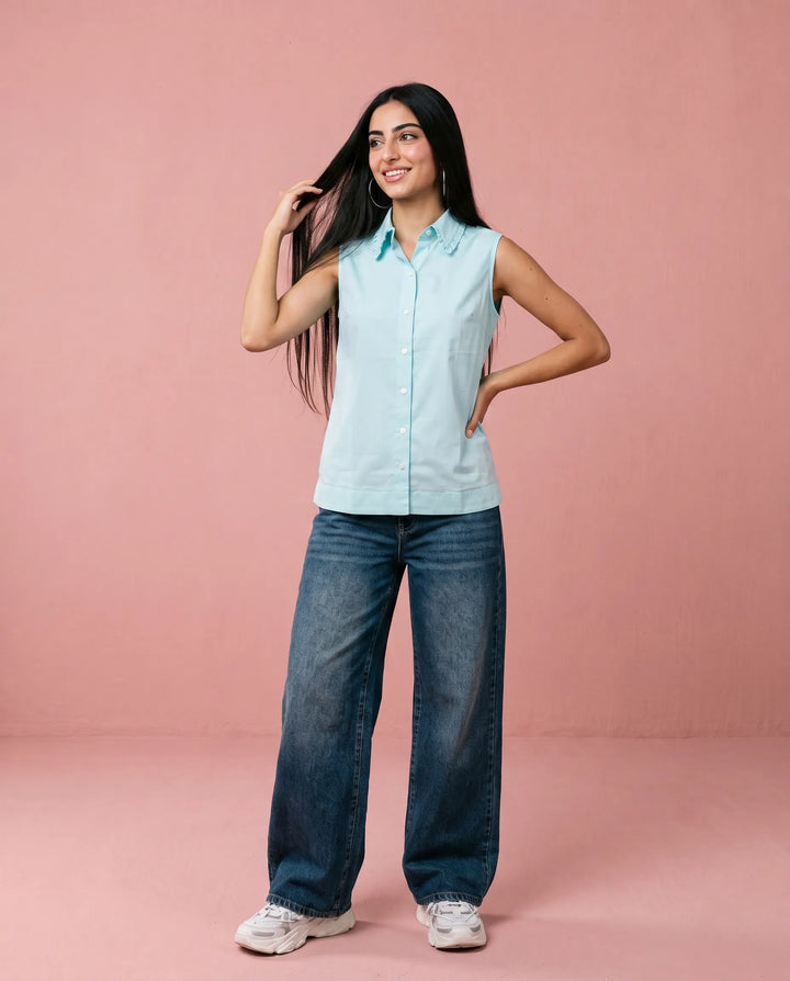 Sky Blue Solid Cotton Satin Sleeveless Top