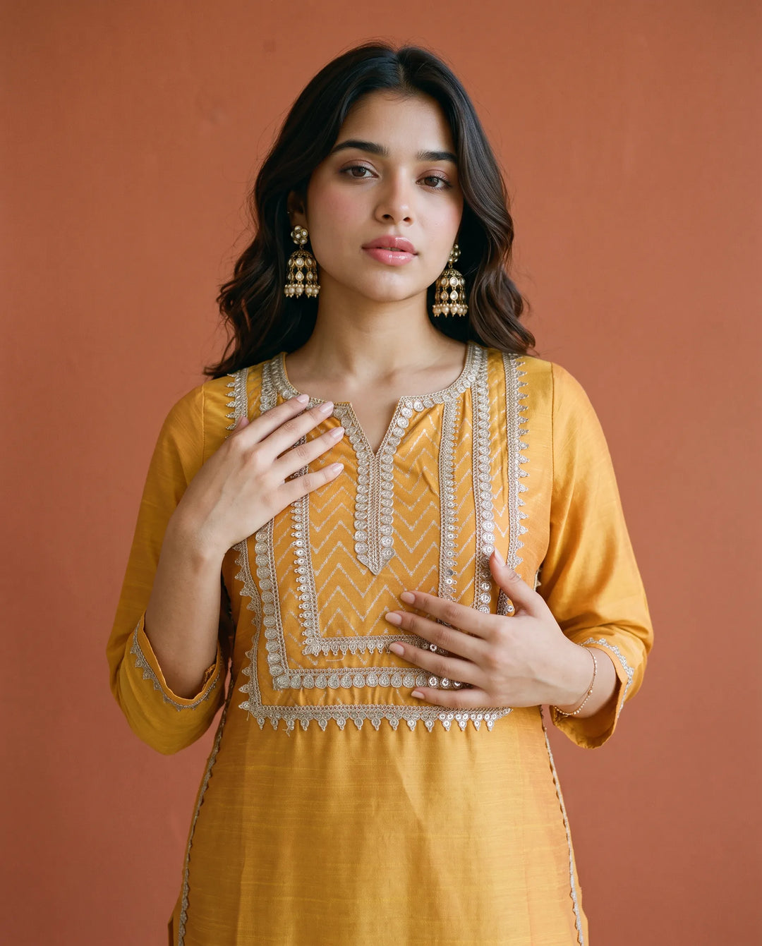 Yellow Printed Silk Blended Straight cut Long Kurta