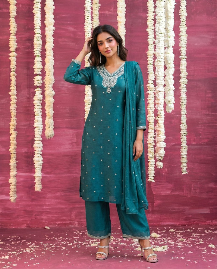 Bottle Green Embriodered Silk Blended Kurta Bottom Dupatta Set