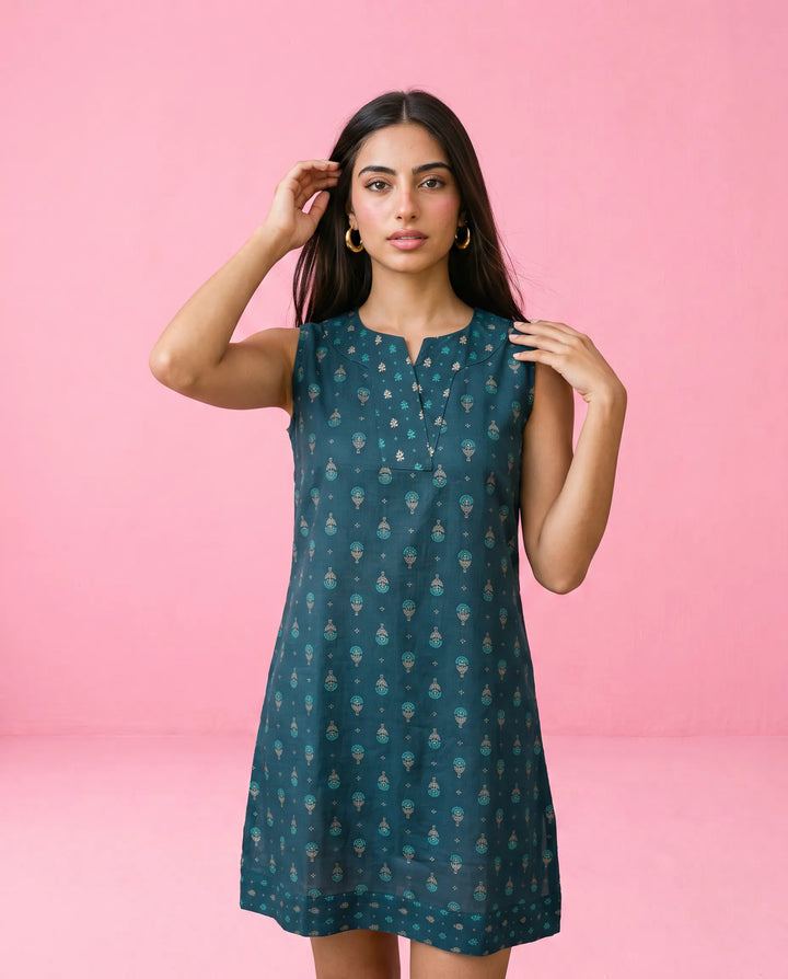 Blue Printed Cotton Midi Dress