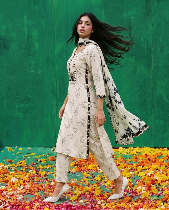 White Printed Cotton Kurta Bottom Dupatta Set
