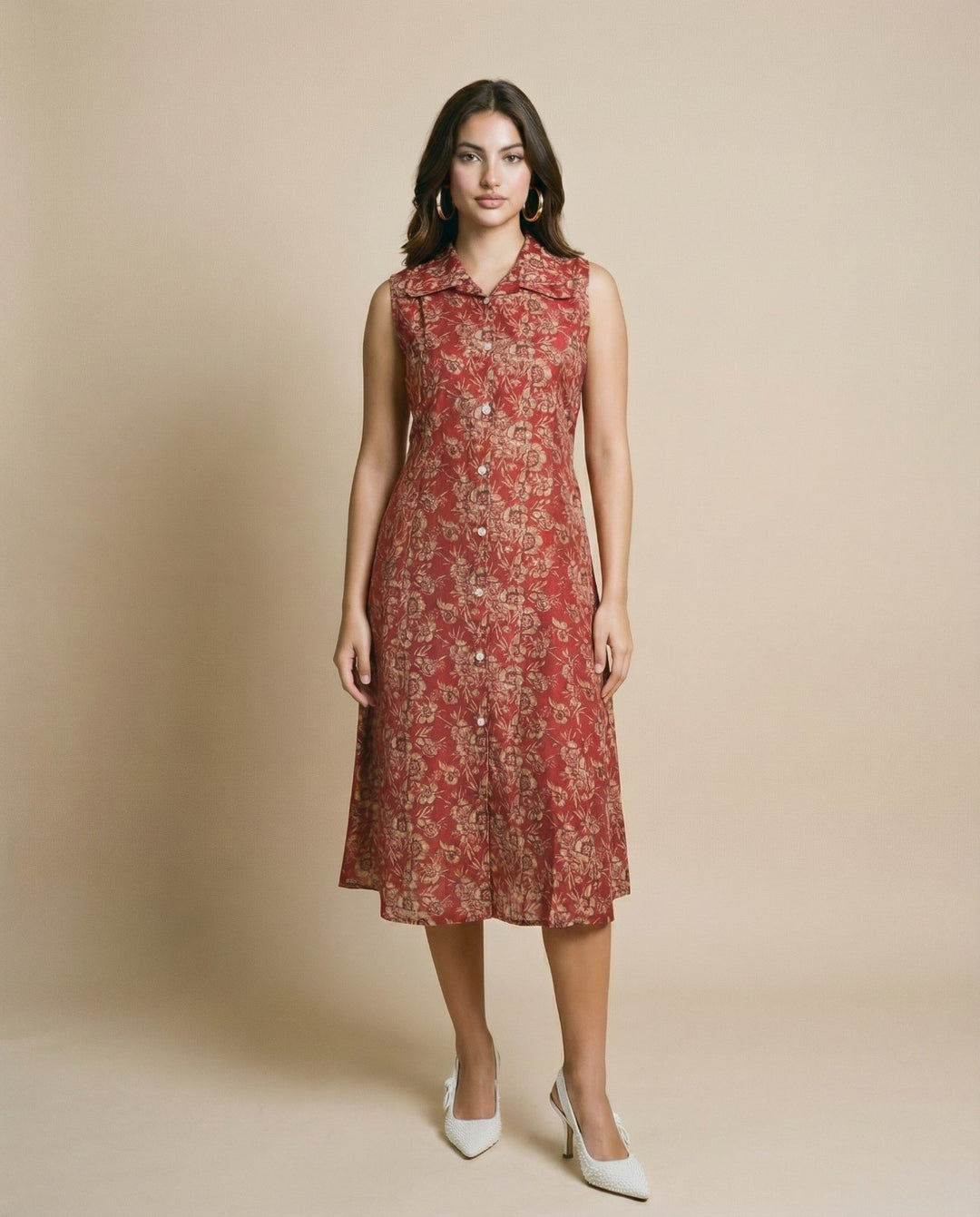 Maroon Printed Viscose Blended Midi Dress