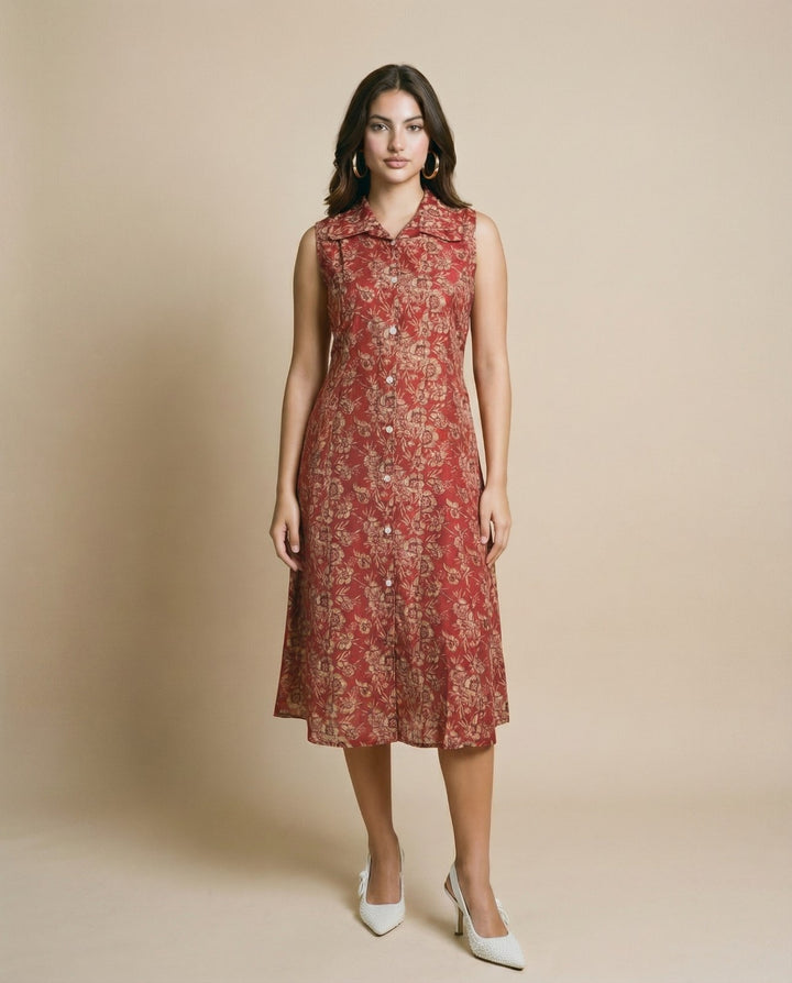 Maroon Printed Viscose Blended Midi Dress