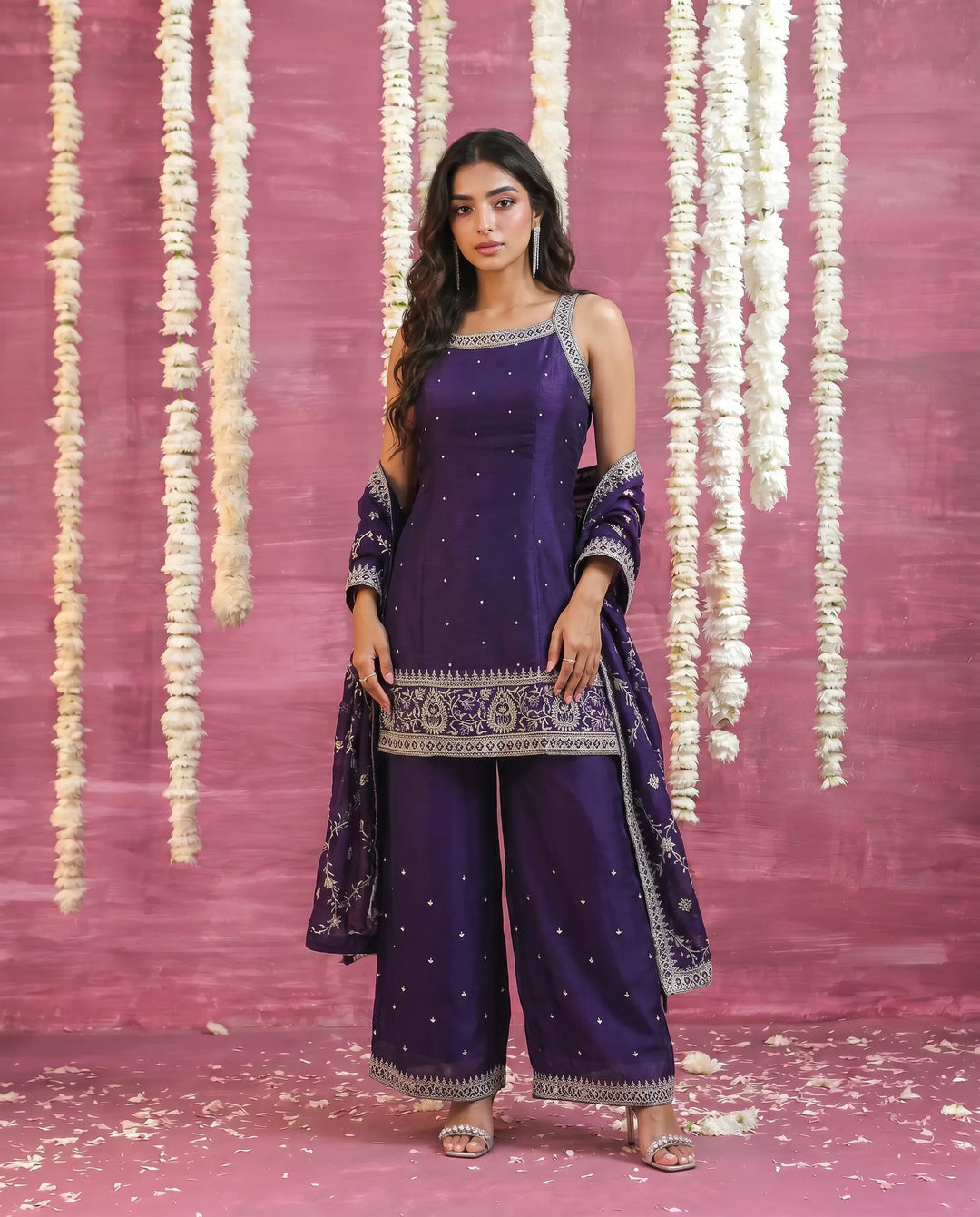 Purple Embriodered Silk Blended Sleeveless Kurta Bottom Dupatta Set