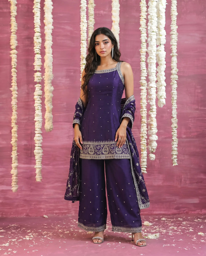 Purple Embriodered Silk Blended Sleeveless Kurta Bottom Dupatta Set