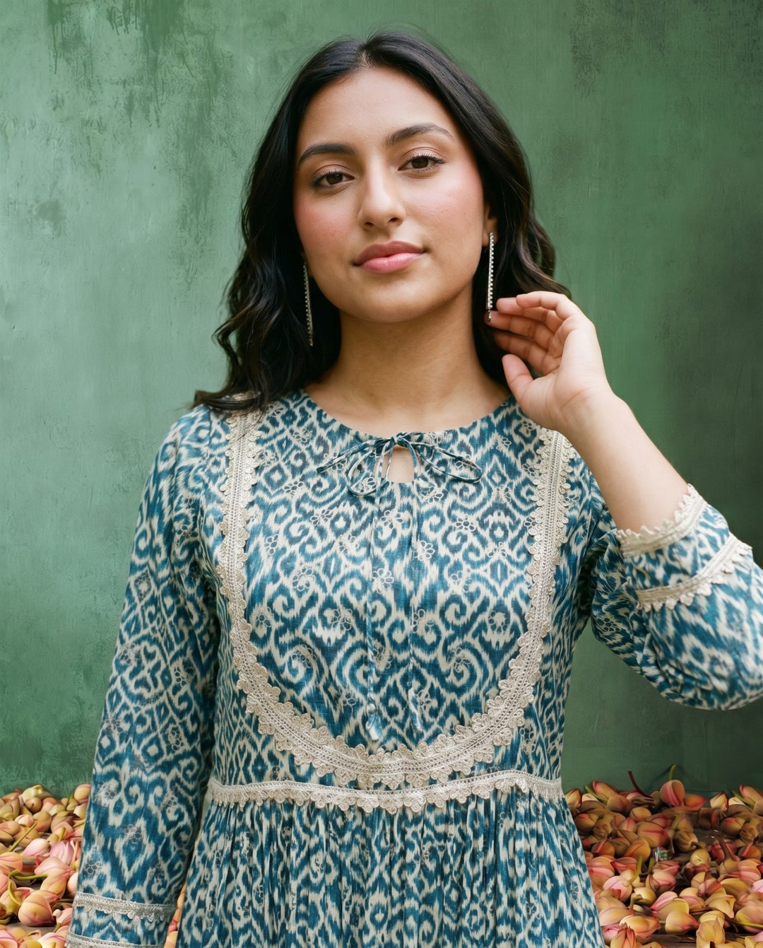 Blue Printed Silk Blended Maxi Dress