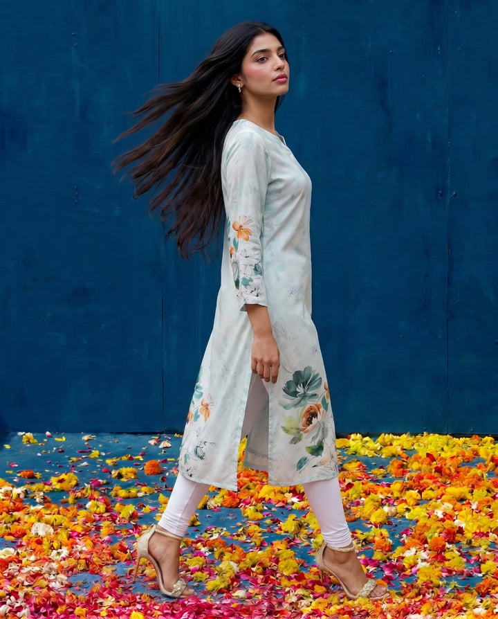 Blue Printed Crepe Silk Straight cut Long Kurta