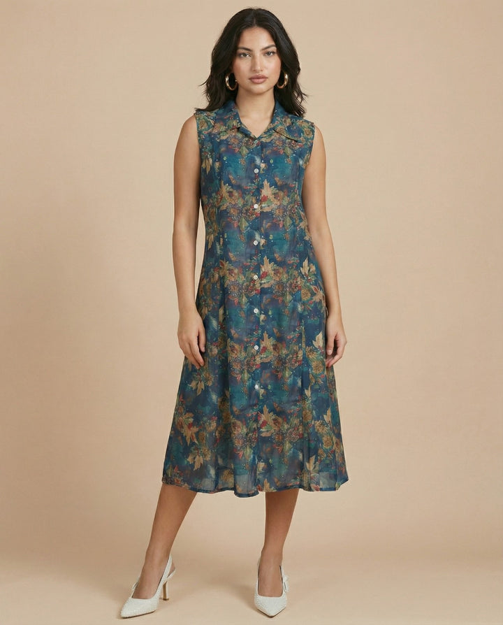 Blue Printed Viscose Blended Midi Dress