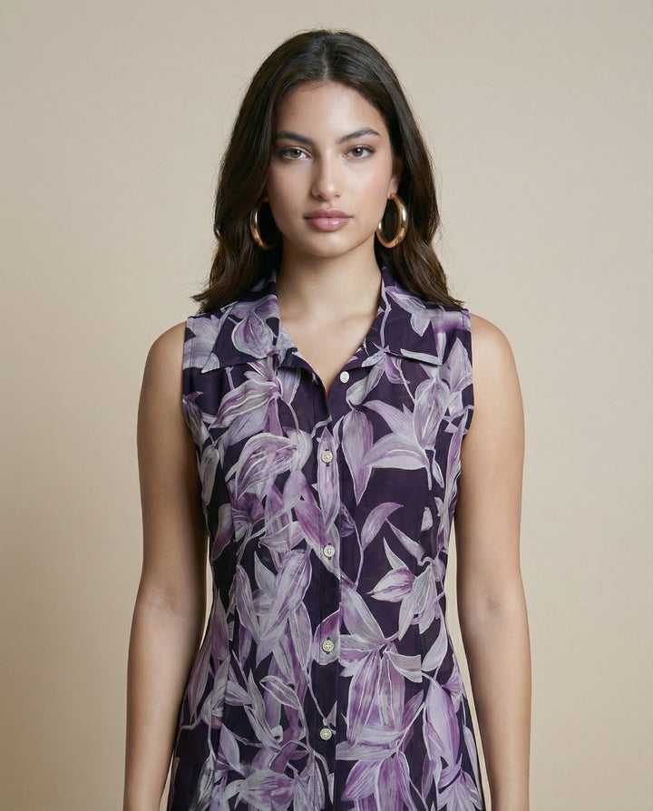 Purple Printed Viscose Blended Midi Dress