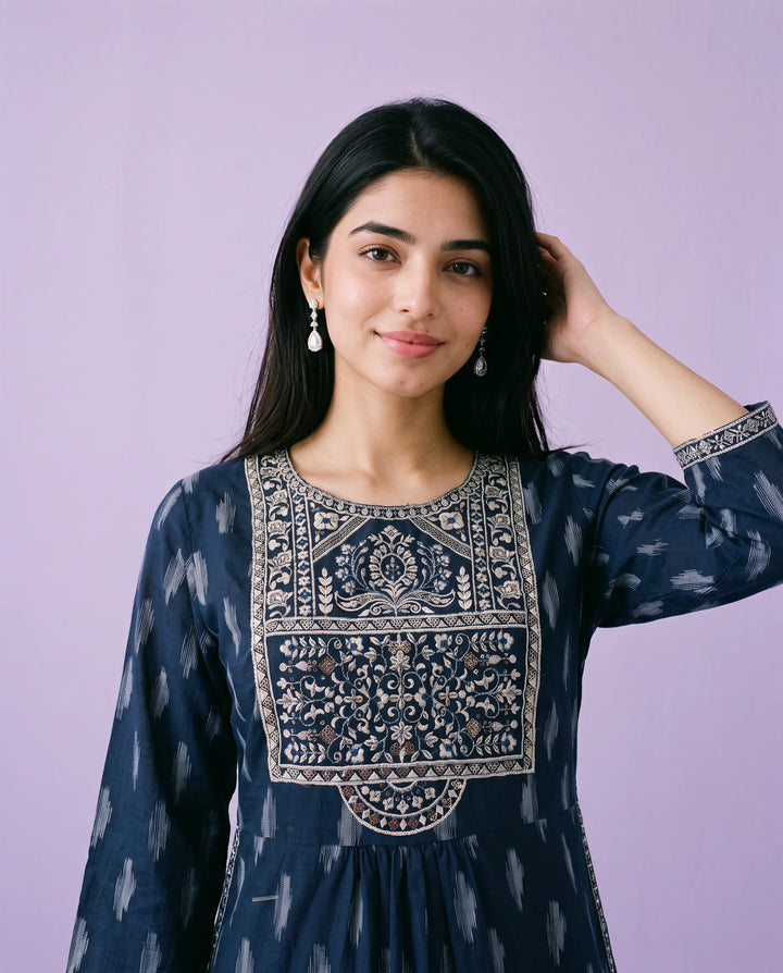 Navy Embroidered Cotton A- Line Long Kurta