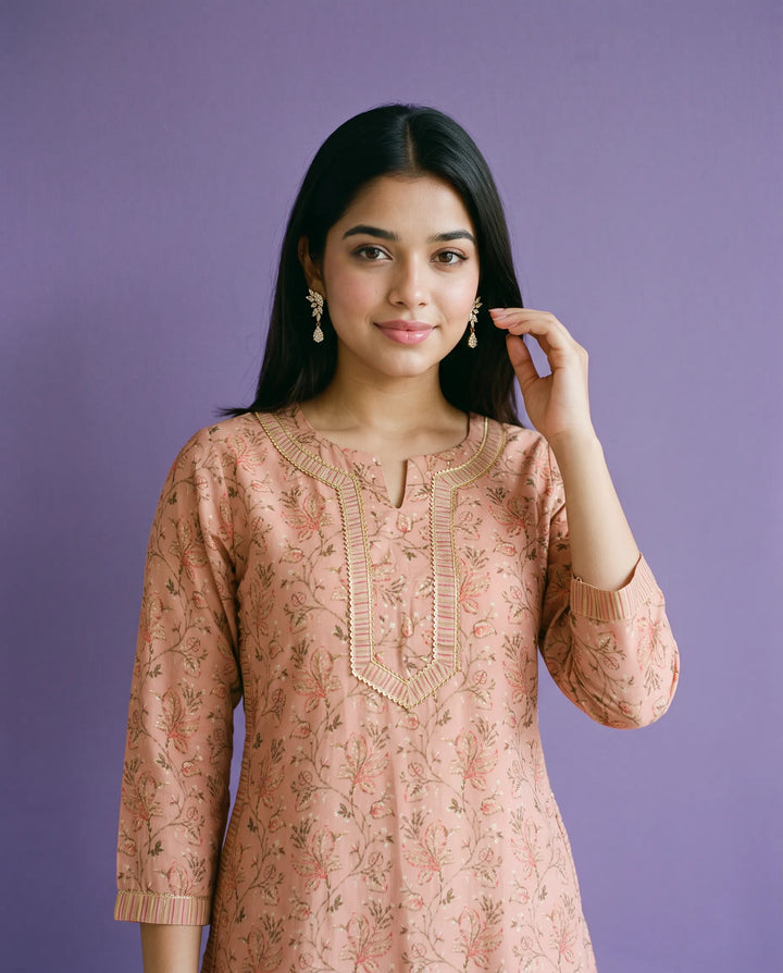 Peach Printed Viscose Blended Straight cut Long Kurta