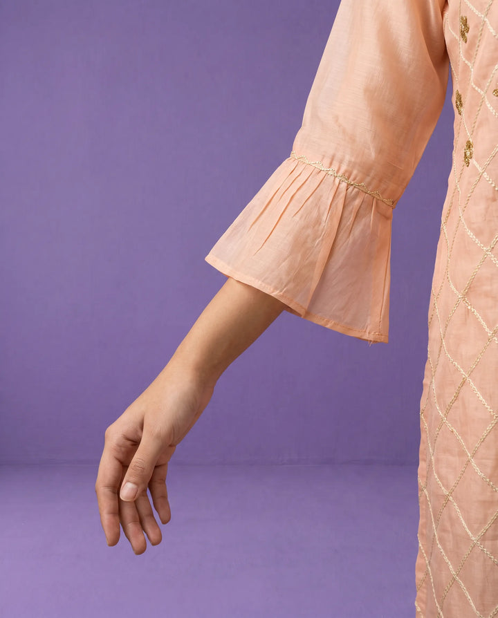 Peach Embroidered Chanderi Long Kurta