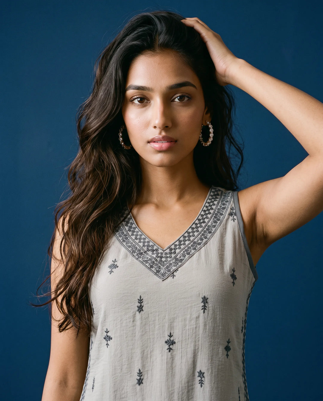 Grey Embroidered Cotton Blended Sleeveless Short Kurti