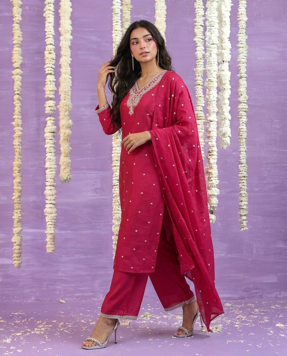 Magenta Embriodered Silk Blended Kurta Bottom Dupatta Set