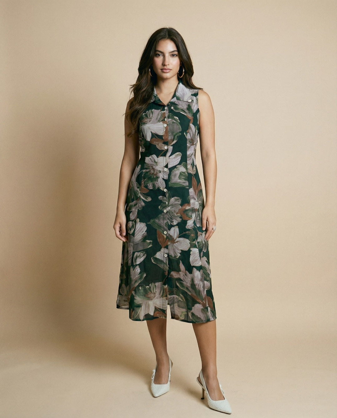 Dark Green Printed Viscose Blended Midi Dress