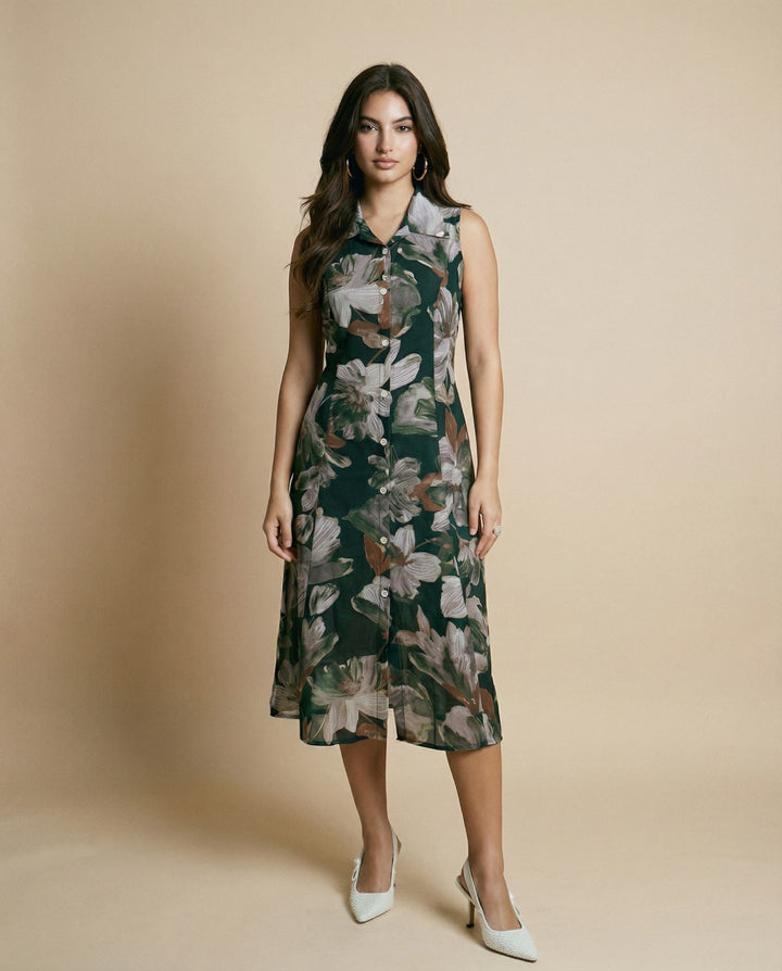 Dark Green Printed Viscose Blended Midi Dress