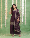 Wine Embriodered Silk Blended Sleeveless Kurta Bottom Dupatta Set