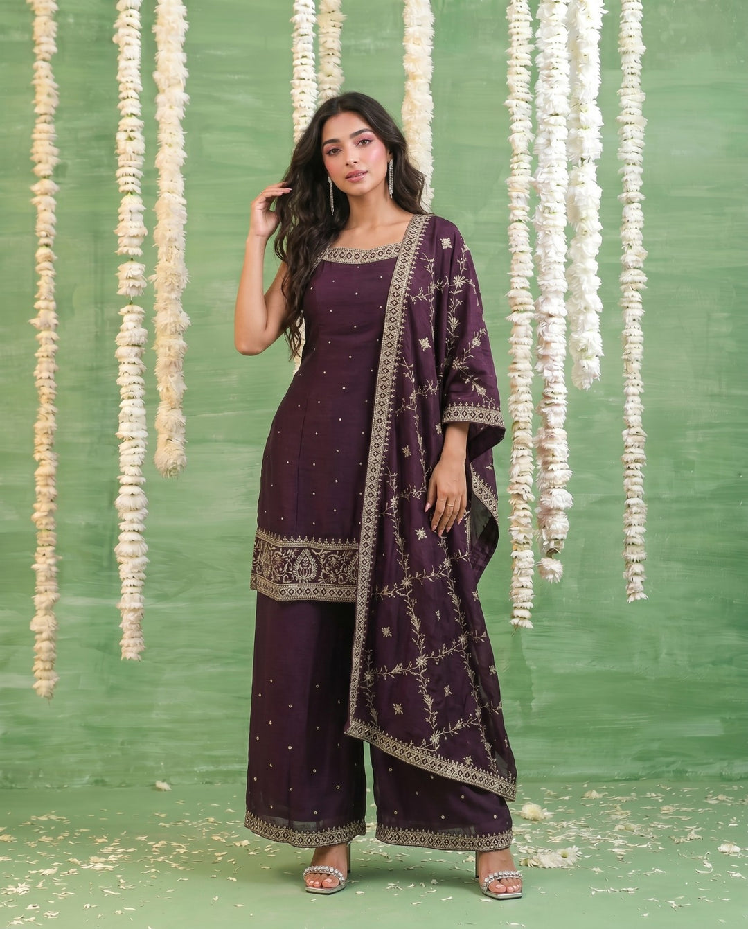 Wine Embriodered Silk Blended Sleeveless Kurta Bottom Dupatta Set