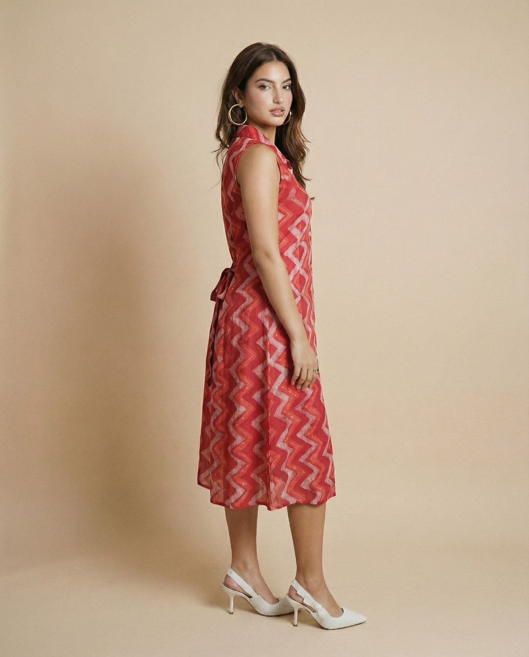 Red Printed Viscose Blended Midi Dress