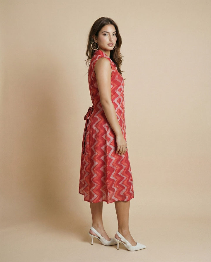 Red Printed Viscose Blended Midi Dress
