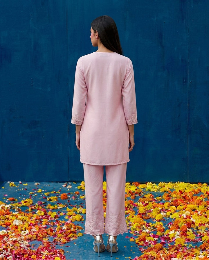 Pink Embriodered Cotton Satin Co-Ord Set