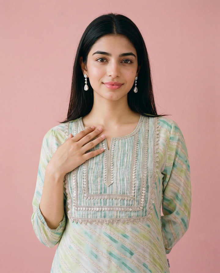 Green Printed Viscose Blended Straight cut Long Kurta