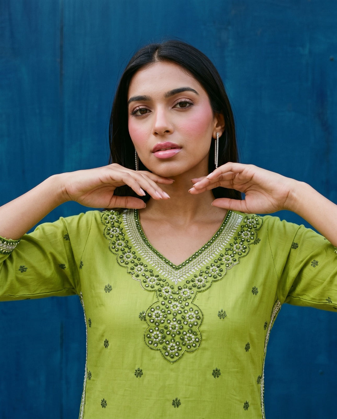 Green Embroidered Viscose Blended Straight cut Long Kurta