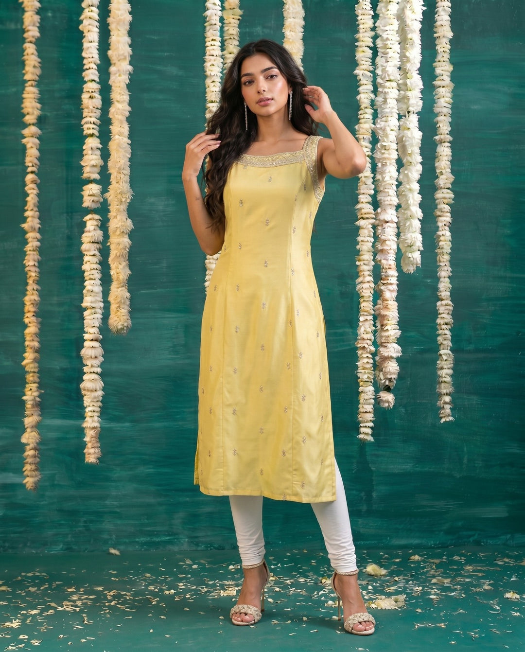 Yellow Embroidered Viscose Blended  Sleeveless Straight cut Long Kurta