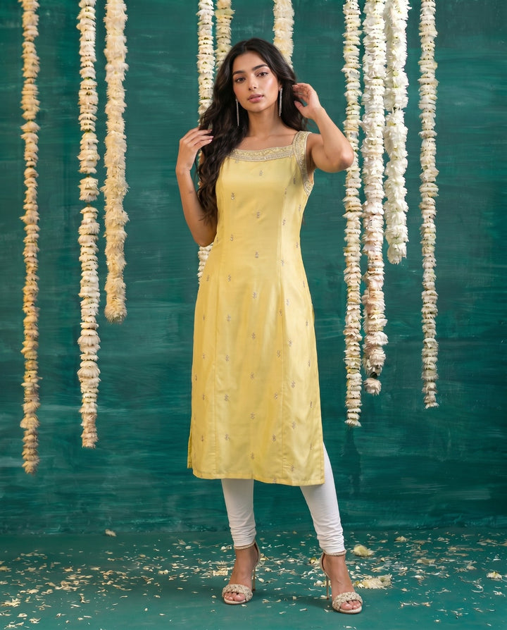 Yellow Embroidered Viscose Blended  Sleeveless Straight cut Long Kurta