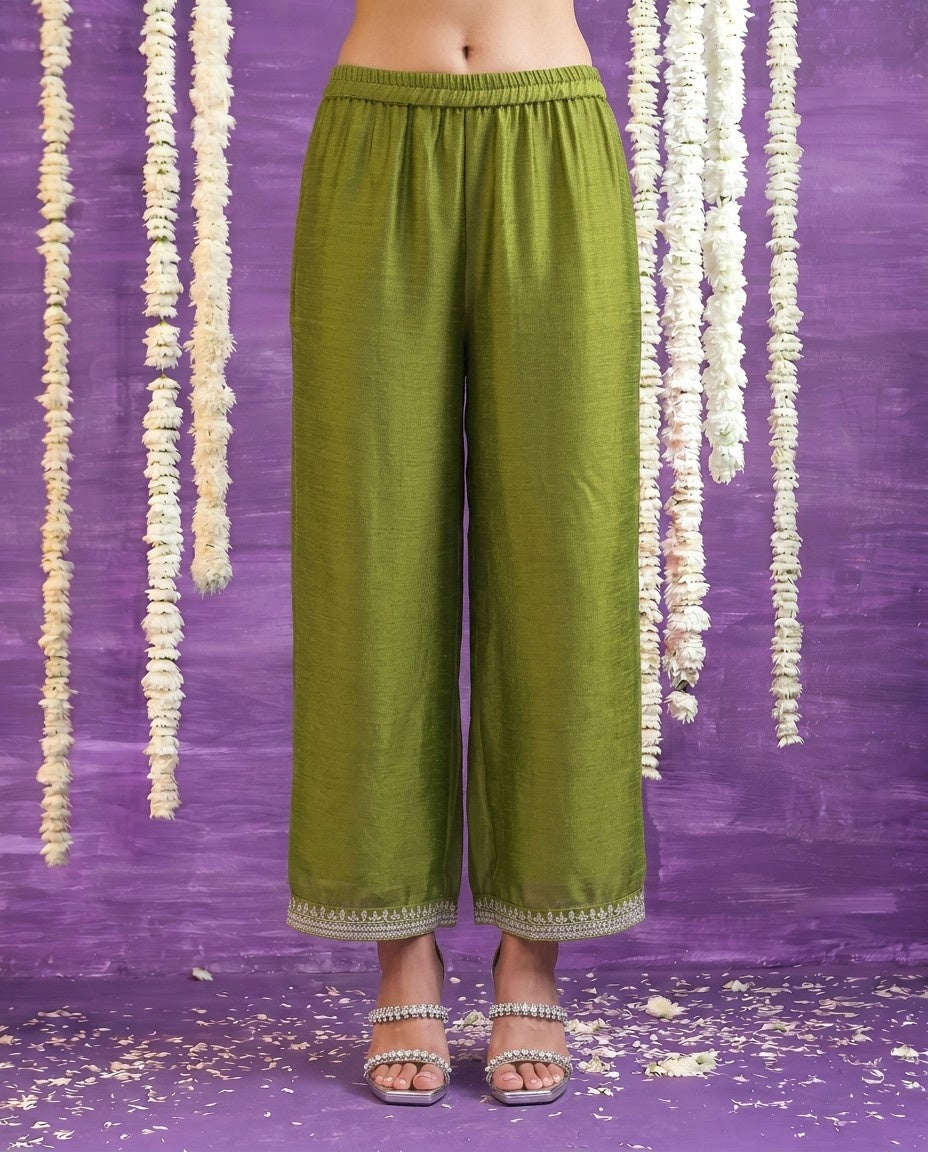 Olive Embriodered Silk Blended Kurta Bottom Dupatta Set