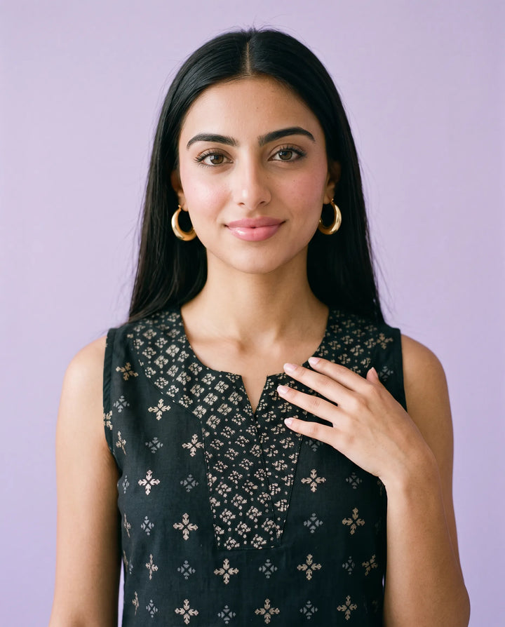 Black Printed Cotton Midi Dress