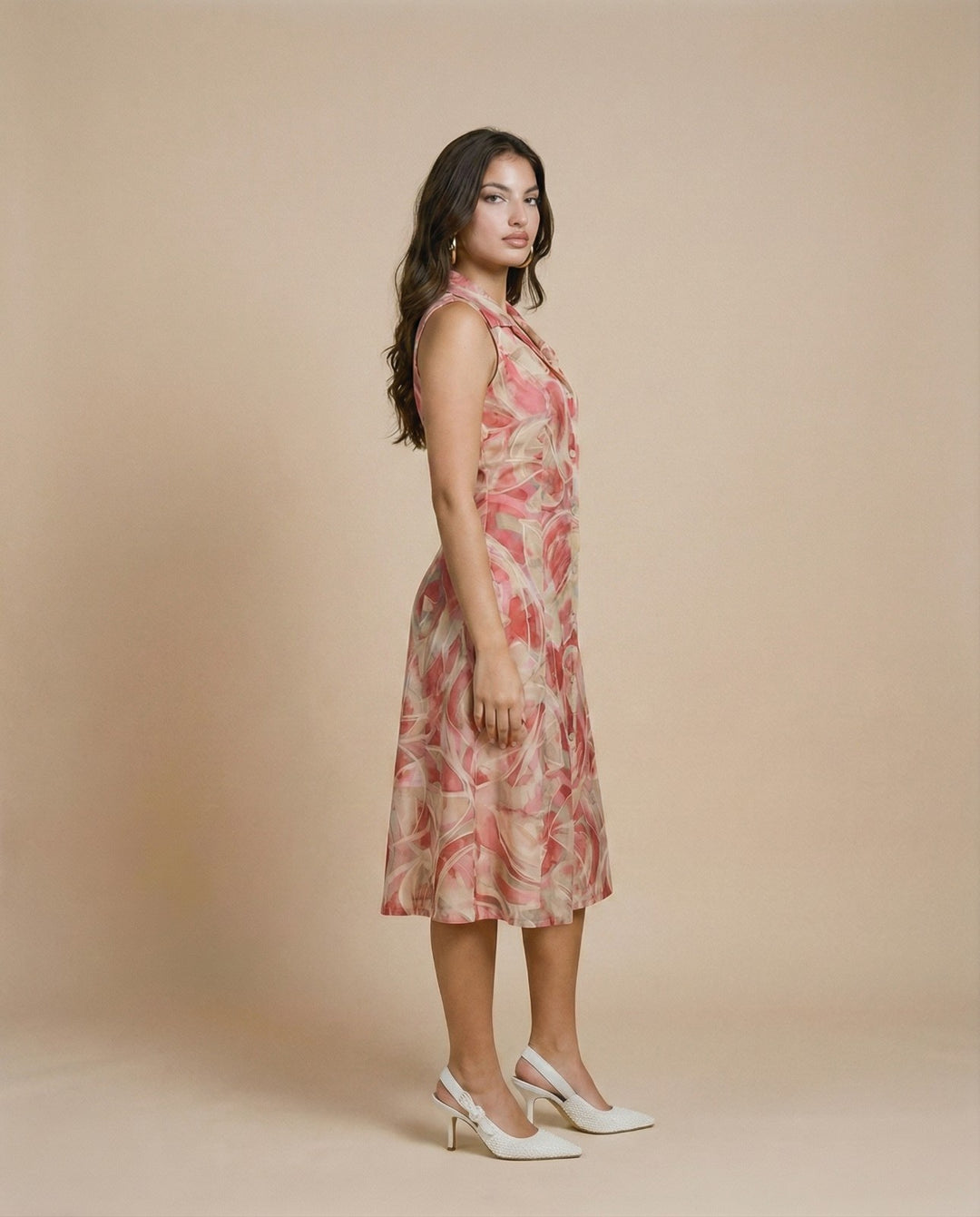 Peach Printed Viscose Blended Midi Dress