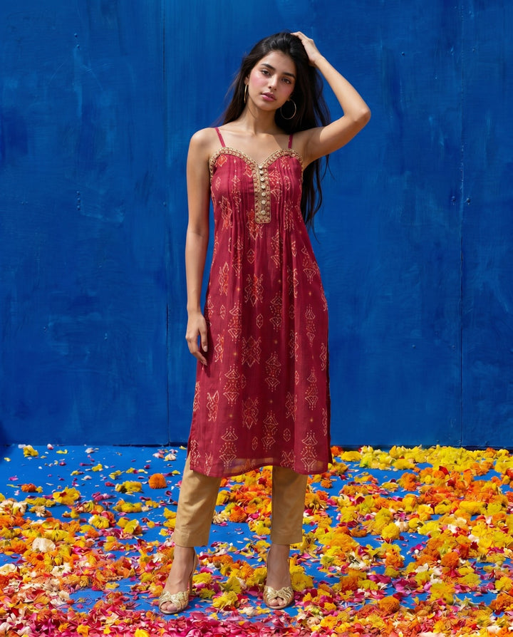Magenta Embroidered Viscose Blended Spaghetti Strap A-Line Cut Long Kurta