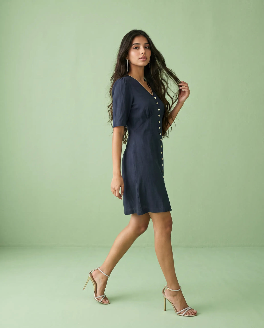 Navy Solid Viscose Blended Midi Dress