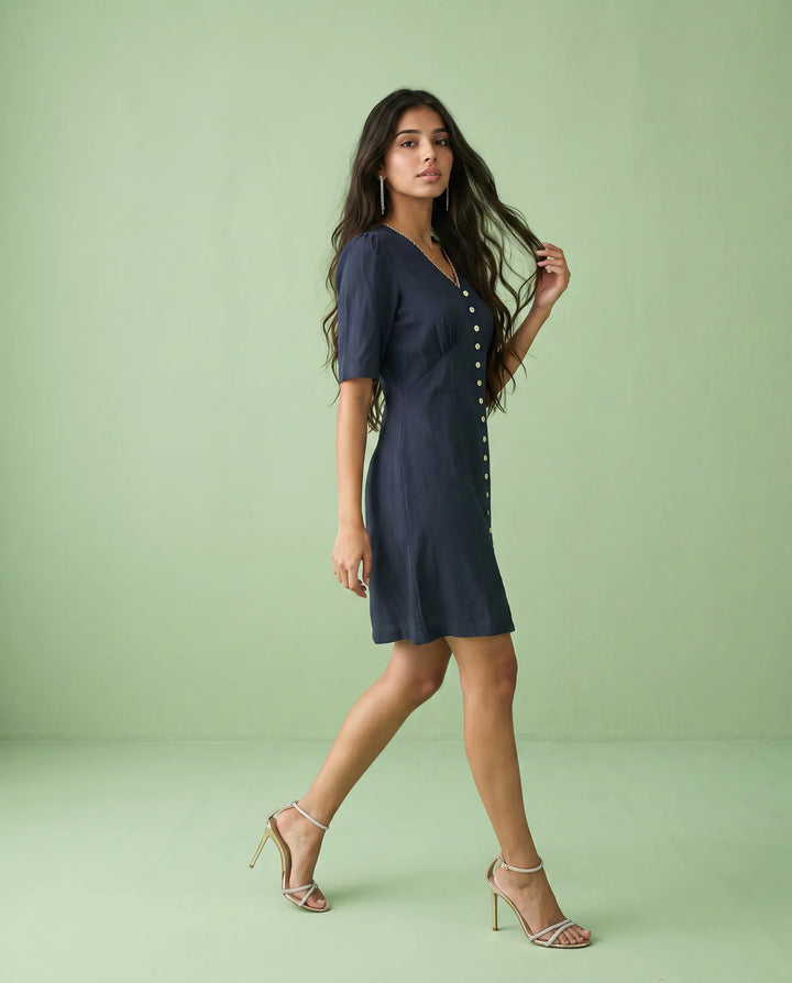 Navy Solid Viscose Blended Midi Dress