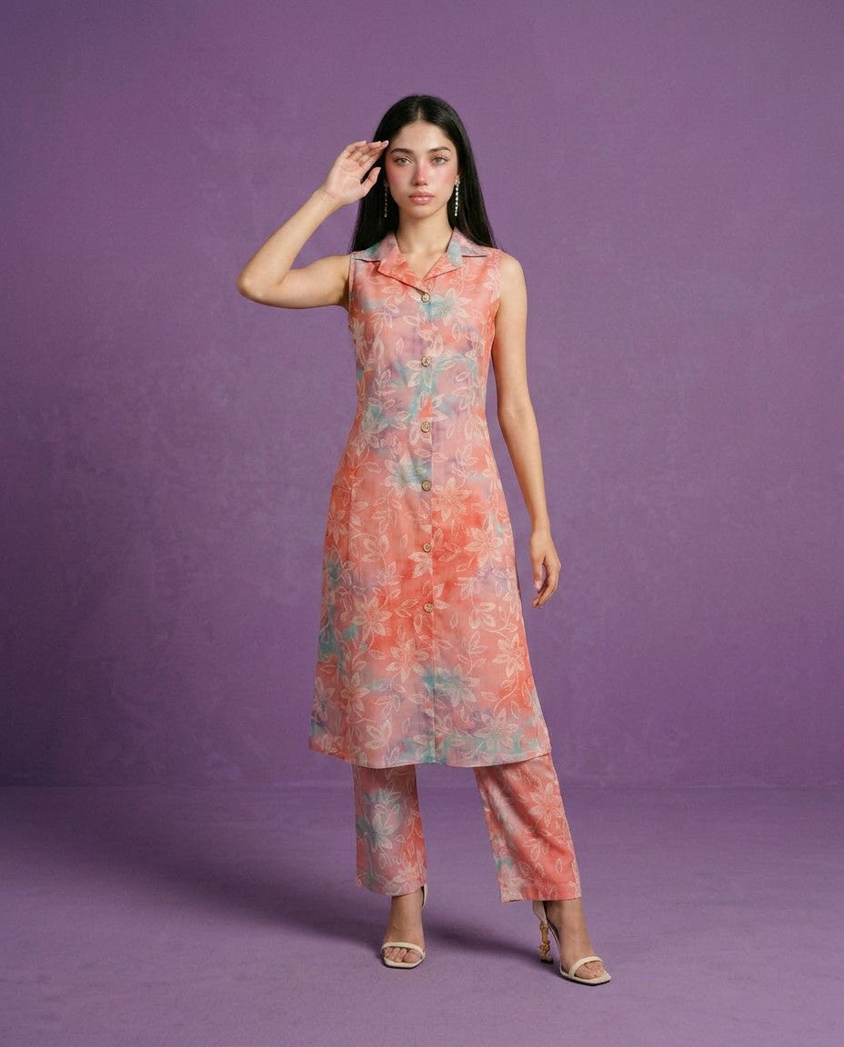 Pink Printed Viscose Blended Co-Ord Set