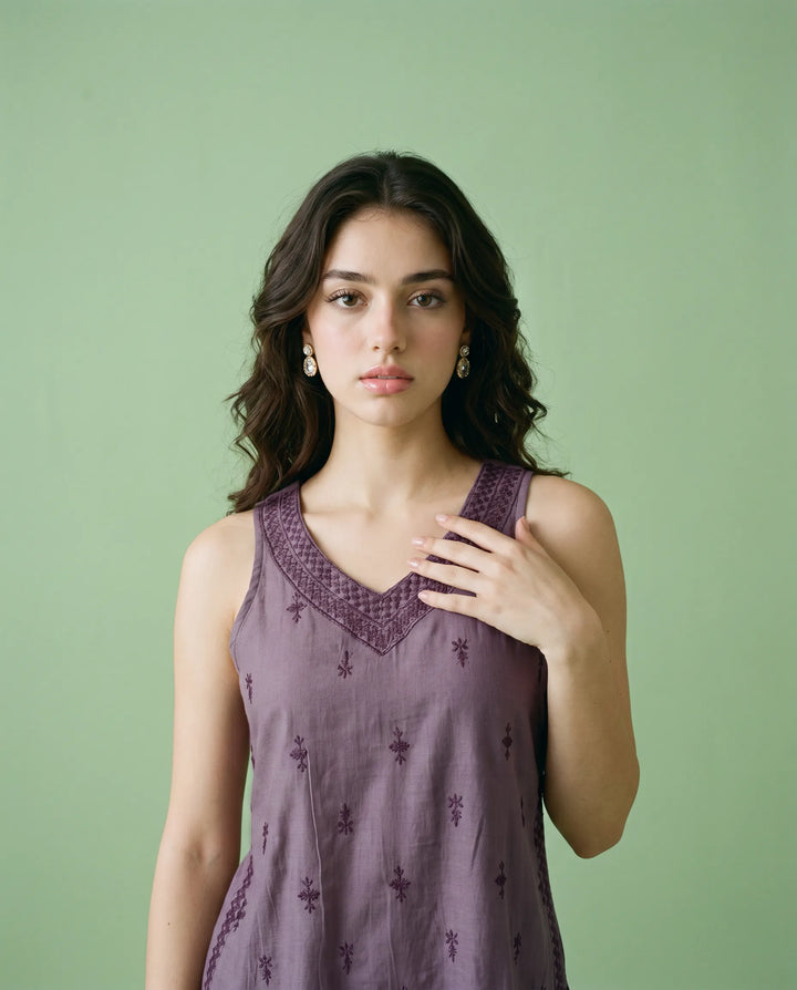 Purple Embroidered Cotton Blended Sleeveless Short Kurti