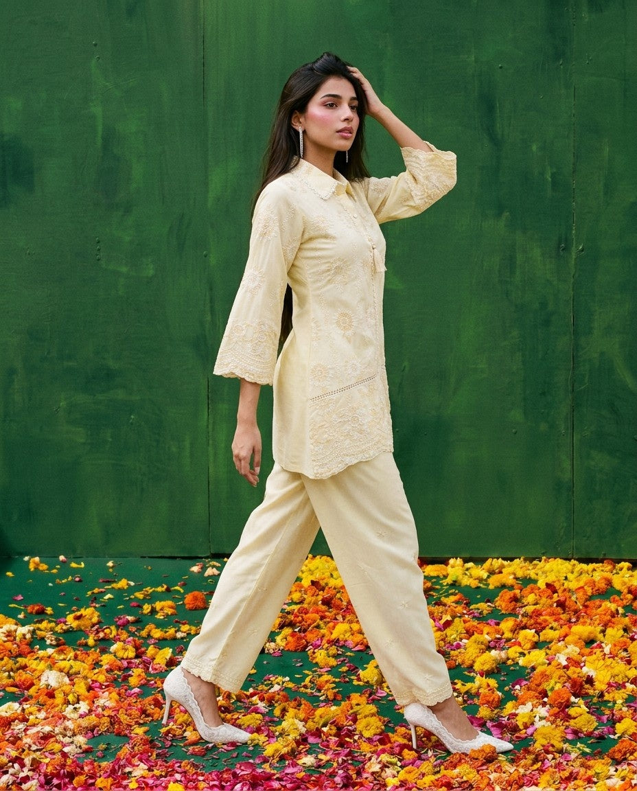 Yellow Embroidered Cotton Satin Co-Ord Set