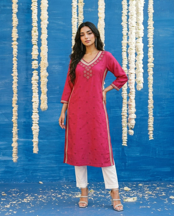 Magenta Embroidered Viscose Blended Straight cut Long Kurta