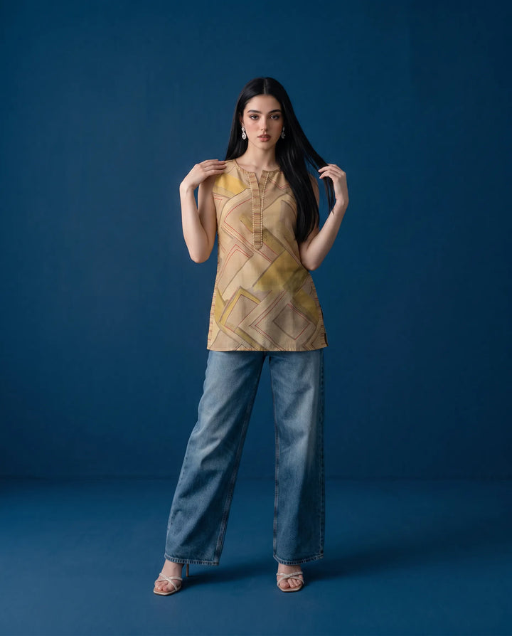 Beige Printed Cotton Blended Sleeveless Short Kurti