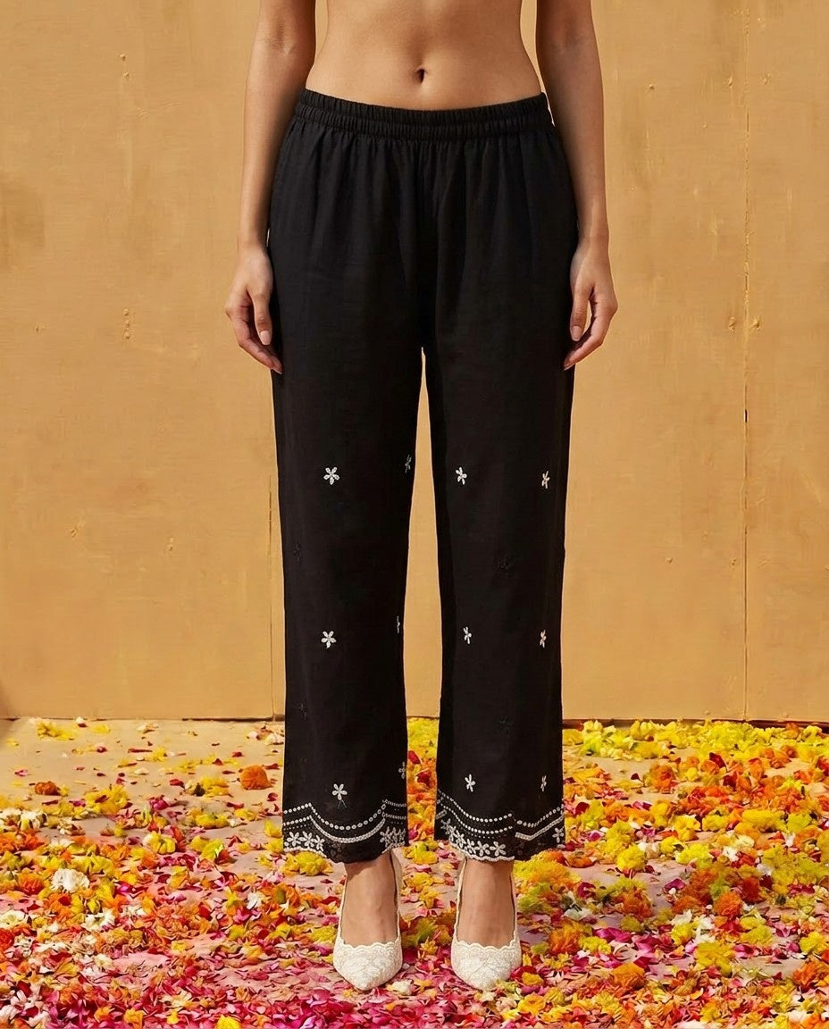 Black Embroidered Cotton Satin Co-Ord Set